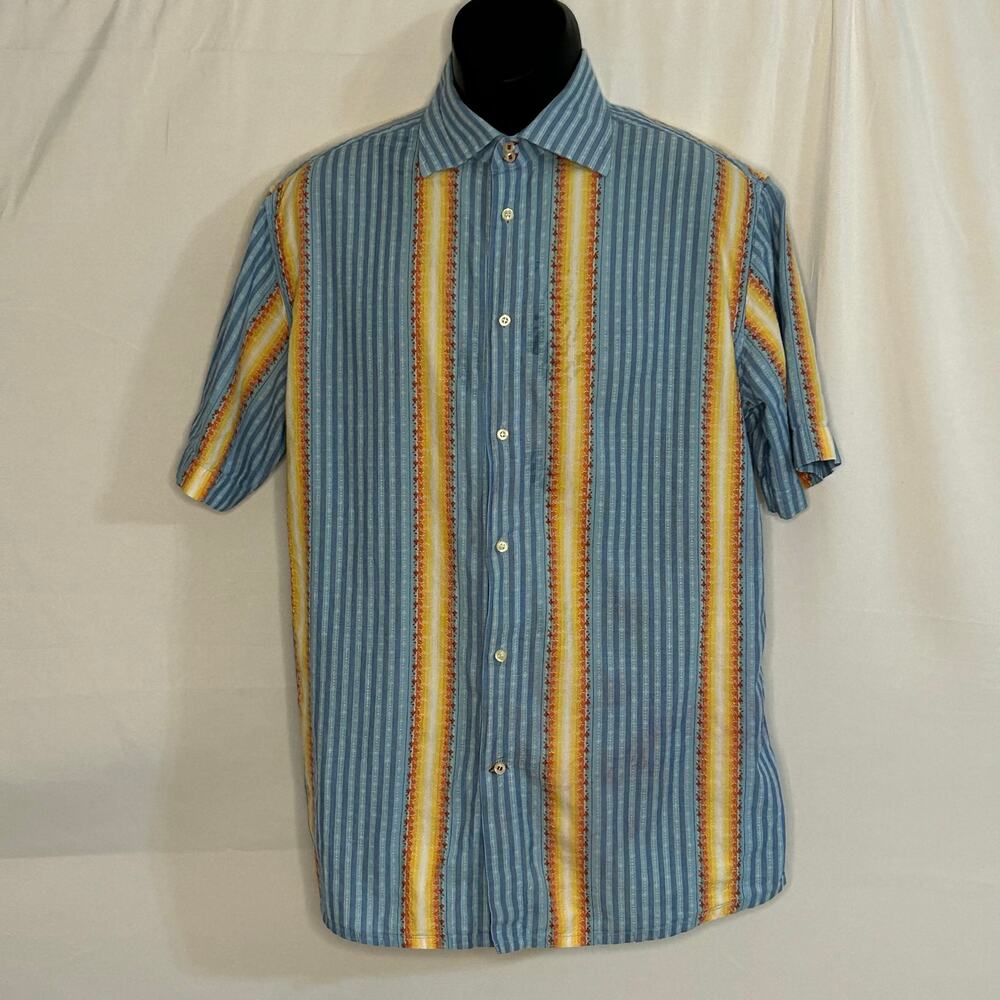 Palm Grove Men’s XL Linen Cotton Short Sleeve Button Up Blue Stripe Shirt